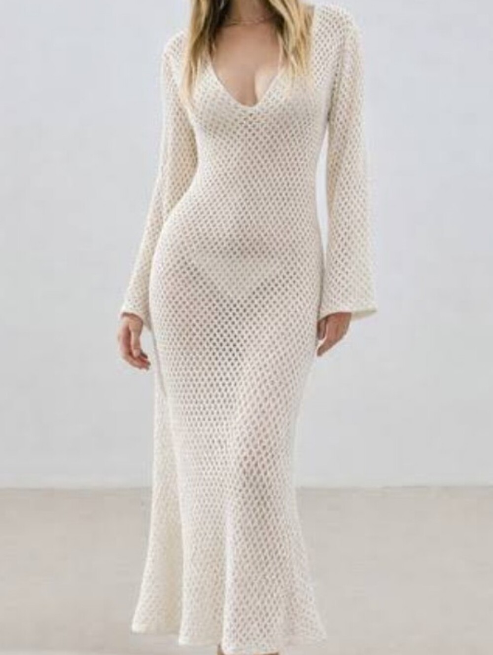 Long-Sleeve Ivory Crochet Maxi Dress with V-Neck
